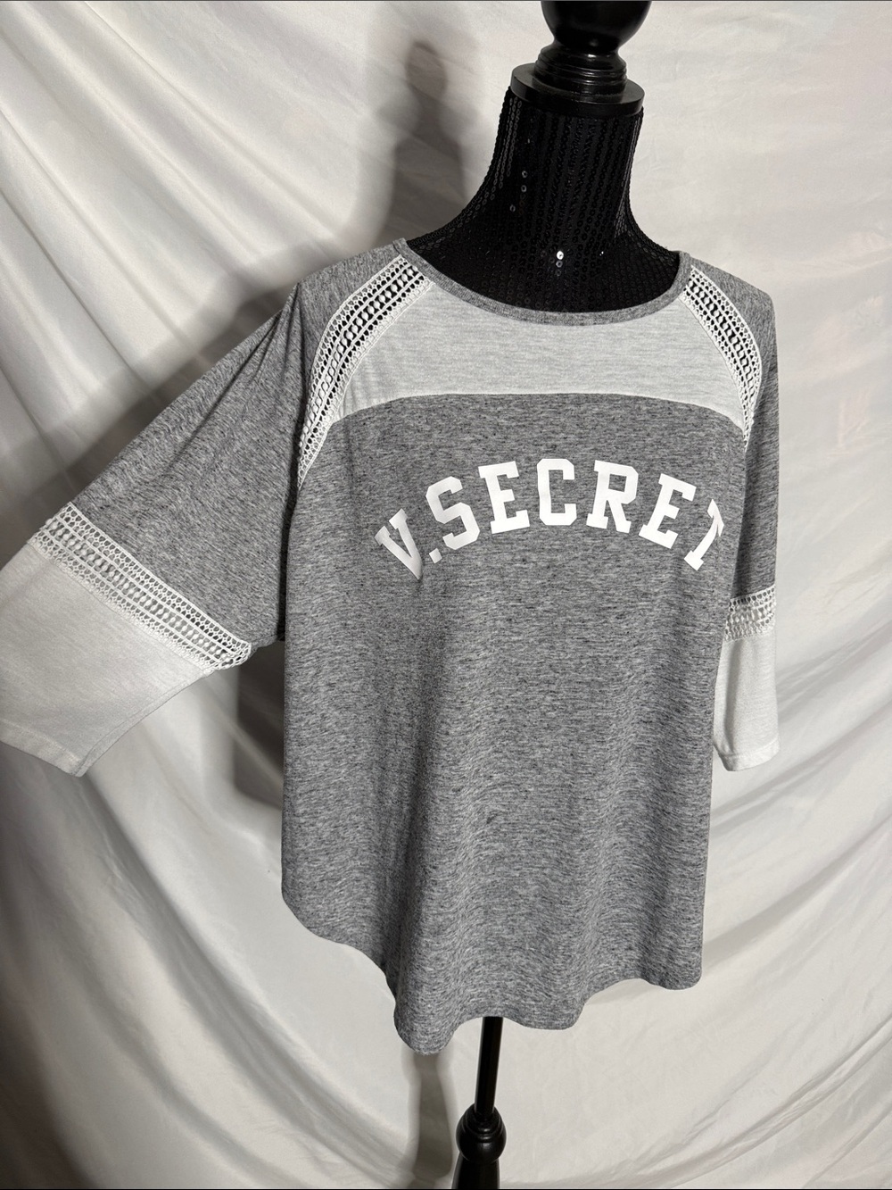 Victoria's Secret Gray & White Crochet-Trim Raglan Sweatshirt